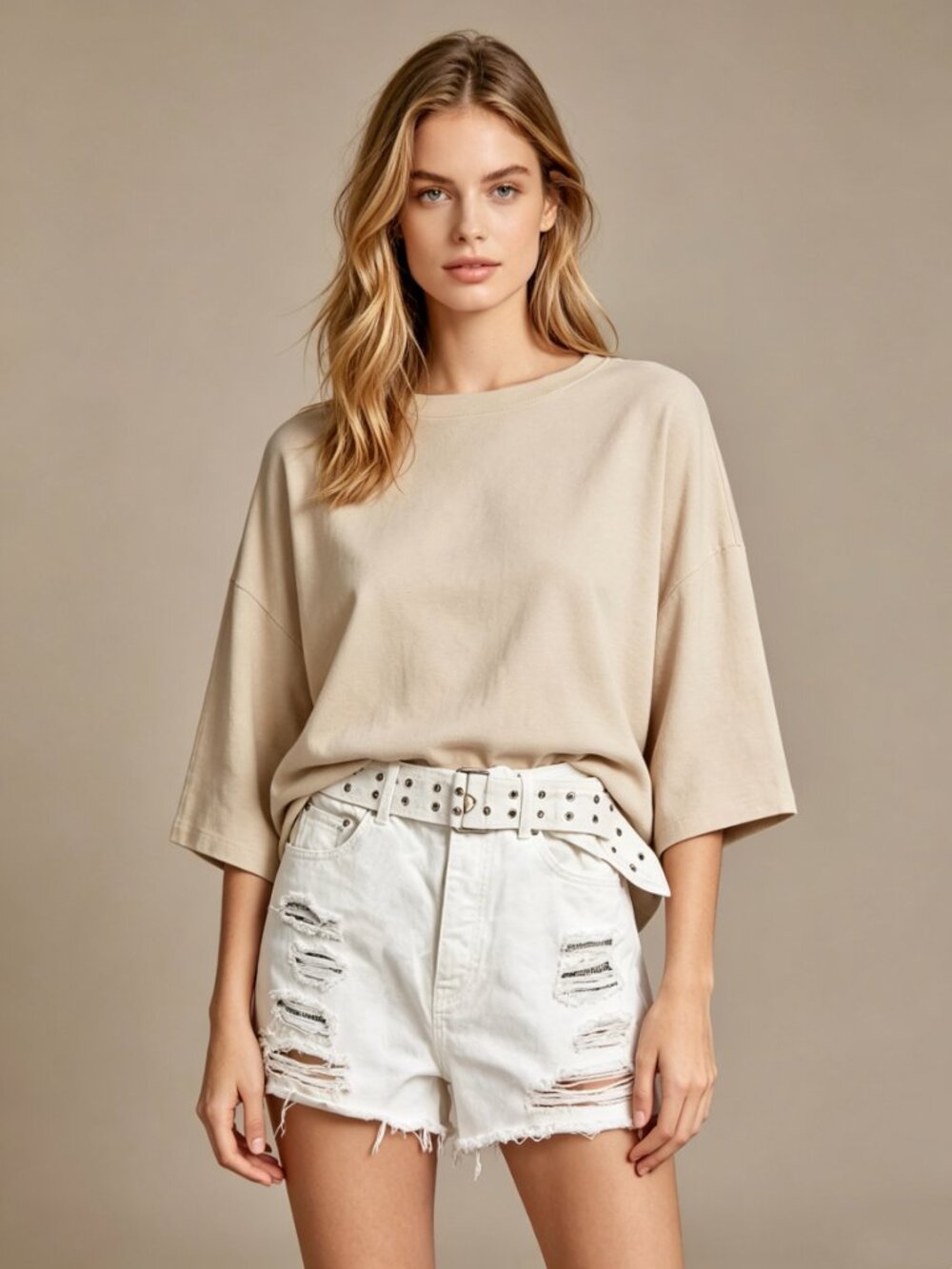 The Koople Sequin Ripped White Denim Shorts High Waist With Belt Size 30